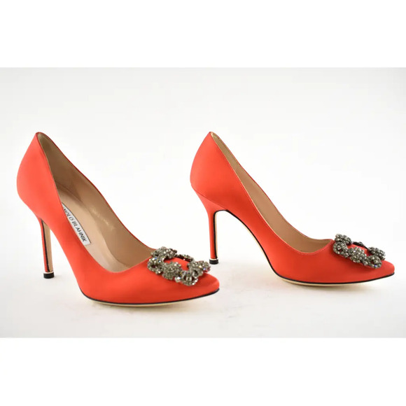 Manolo Blahnik Hangisi 105 Rosso Red Satin Crystal Jewel Buckle Heel Pump 36.5 - Picture 4 of 12